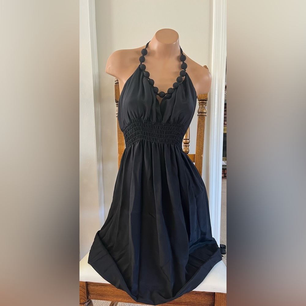 Akiko 100% Silk Black Backless Halter Dress